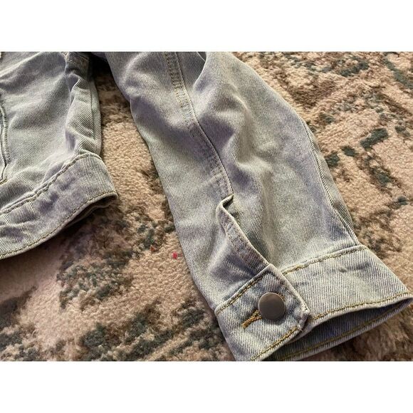 Denim Coat Jacket Women Medium Cropped Rhinestone Distressed Fringe Cowgirl - Picture 4 of 10